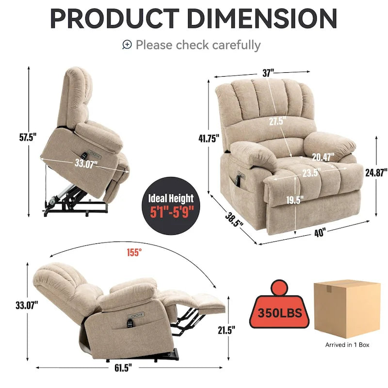 Oversized Chenille Power Lift Recliner Chair with Massage and Lumbar Heating, USB Charge Port