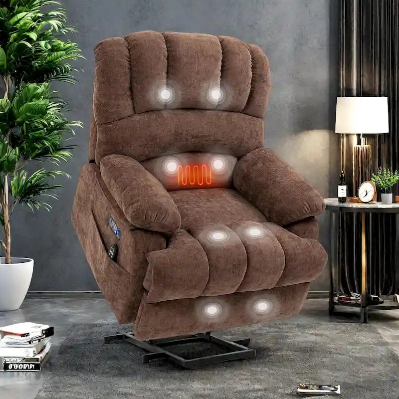 Oversized Chenille Power Lift Recliner Chair with Massage and Lumbar Heating, USB Charge Port