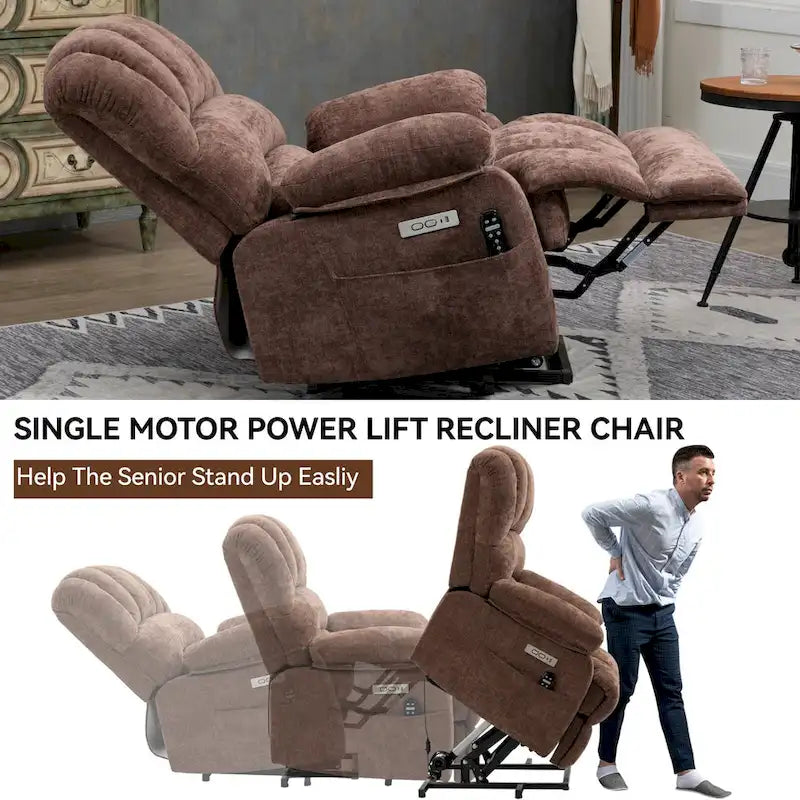 Oversized Chenille Power Lift Recliner Chair with Massage and Lumbar Heating, USB Charge Port