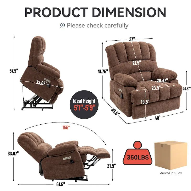 Oversized Chenille Power Lift Recliner Chair with Massage and Lumbar Heating, USB Charge Port