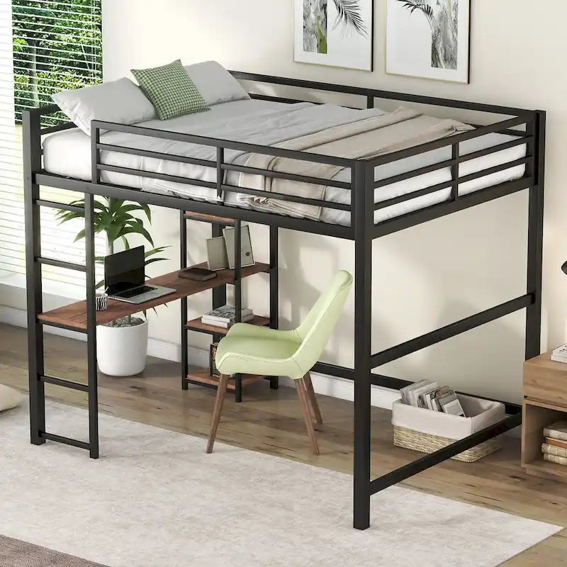 Full Size Metal Loft Bed with Built-in Desk and Storage Shelves