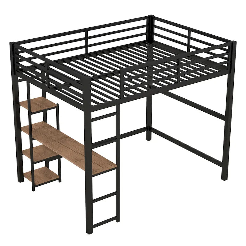 Full Size Metal Loft Bed with Built-in Desk and Storage Shelves
