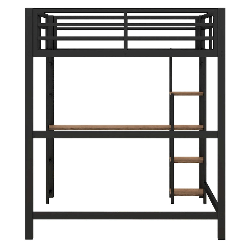 Full Size Metal Loft Bed with Built-in Desk and Storage Shelves