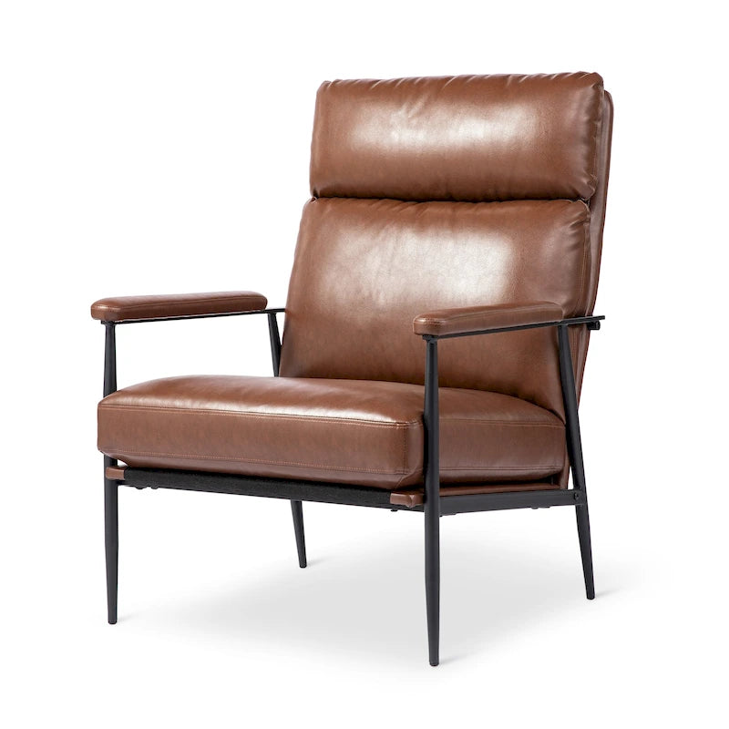 Glitzhome 33.75 W Mid-Century Modern Leatherette Armchair With High Back and Padded Arms - 33.75  W x 39.5  H x 28  D