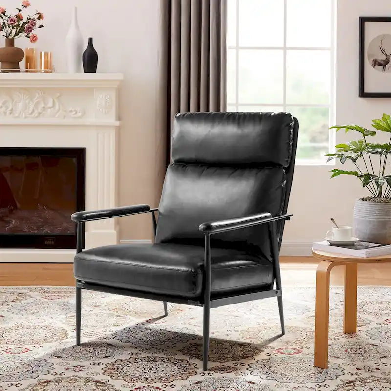 Glitzhome 33.75 W Mid-Century Modern Leatherette Armchair With High Back and Padded Arms - 33.75  W x 39.5  H x 28  D