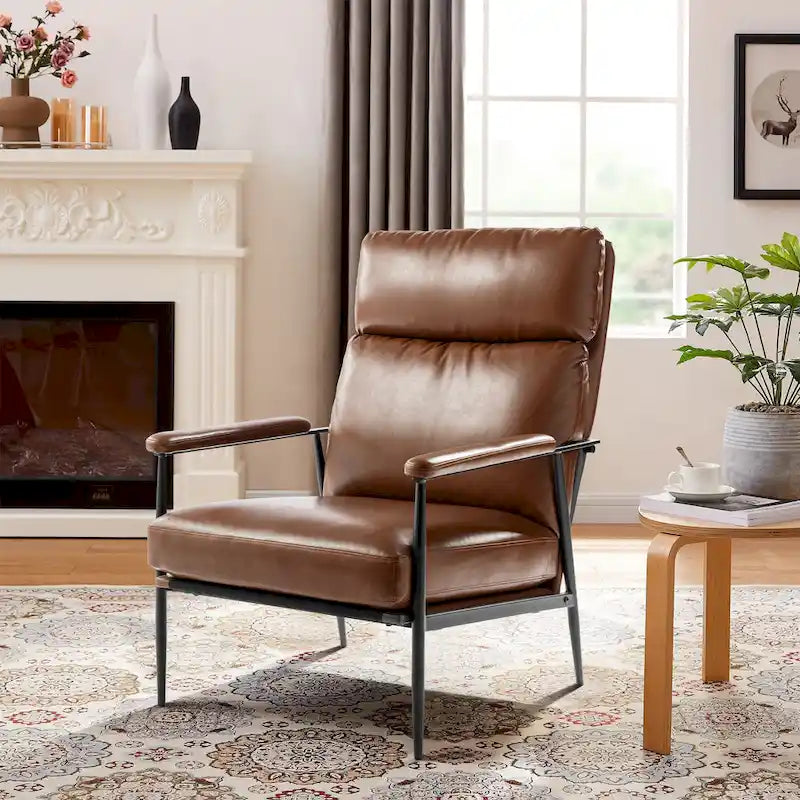 Glitzhome 33.75 W Mid-Century Modern Leatherette Armchair With High Back and Padded Arms - 33.75  W x 39.5  H x 28  D