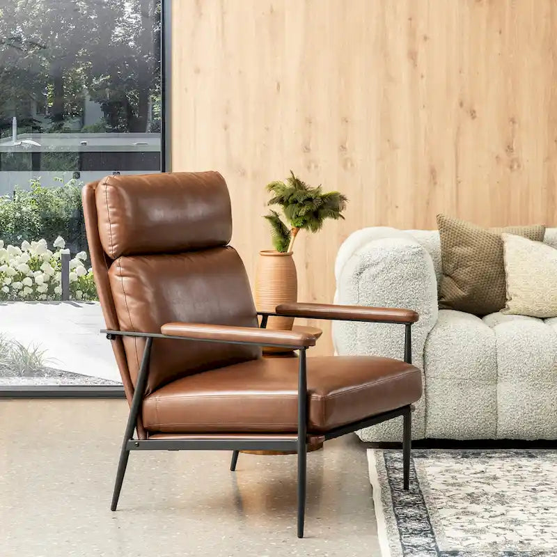 Glitzhome 33.75 W Mid-Century Modern Leatherette Armchair With High Back and Padded Arms - 33.75  W x 39.5  H x 28  D