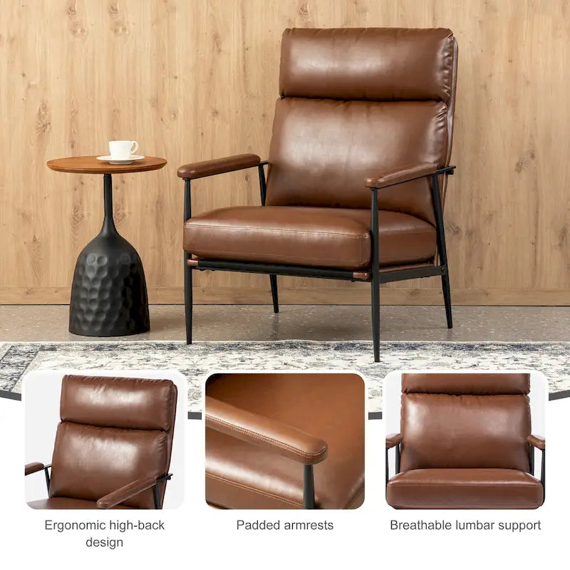 Glitzhome 33.75 W Mid-Century Modern Leatherette Armchair With High Back and Padded Arms - 33.75  W x 39.5  H x 28  D