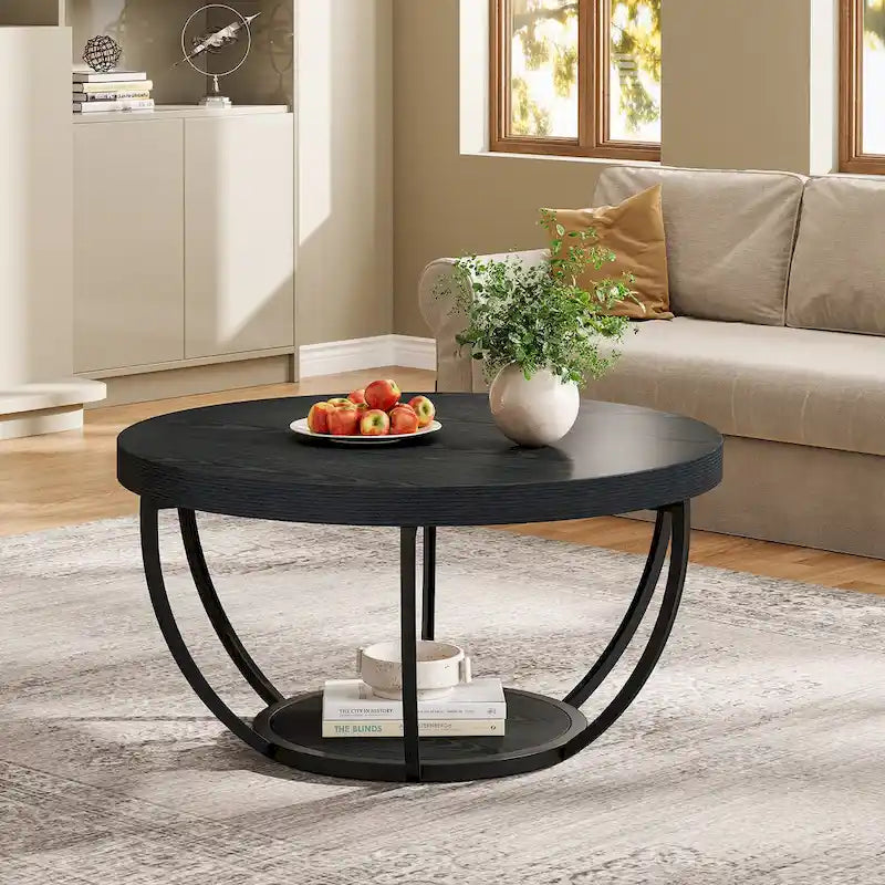 Wooden Coffee Table, 2-Tier Round Central Cocktail Table with Shelves