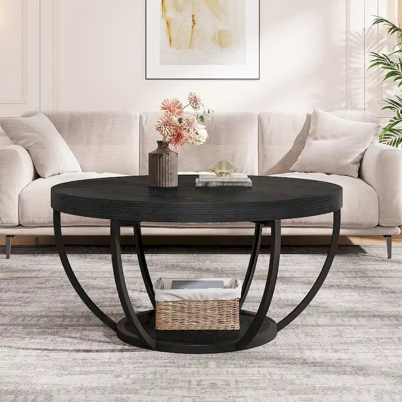 Wooden Coffee Table, 2-Tier Round Central Cocktail Table with Shelves