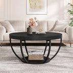 Wooden Coffee Table, 2-Tier Round Central Cocktail Table with Shelves