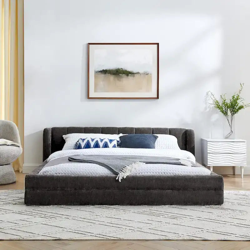 Queen Size Upholstered Platform Bed with Thick Chenille Fabric, Solid Frame & Headboard,DARK GREY