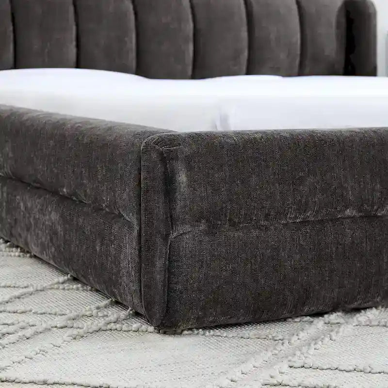 Queen Size Upholstered Platform Bed with Thick Chenille Fabric, Solid Frame & Headboard,DARK GREY