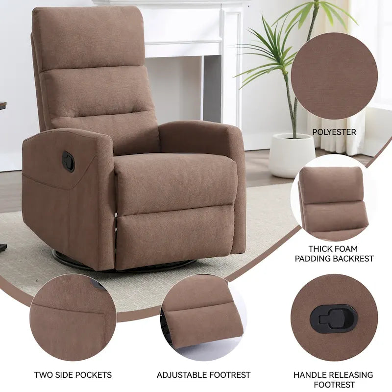 Manual Recliner Chair with Rocker and Swivel in Fabric for Living Room