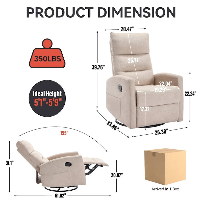Manual Recliner Chair with Rocker and Swivel in Fabric for Living Room