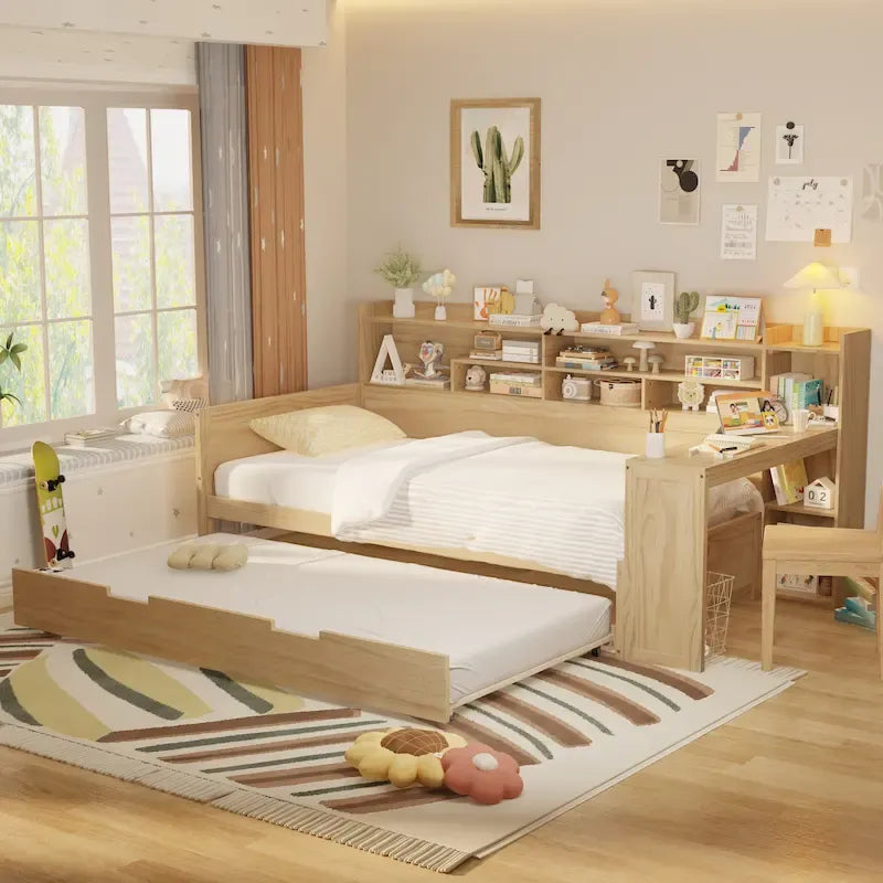 Twin Daybed with Shelves, Trundle & Desk