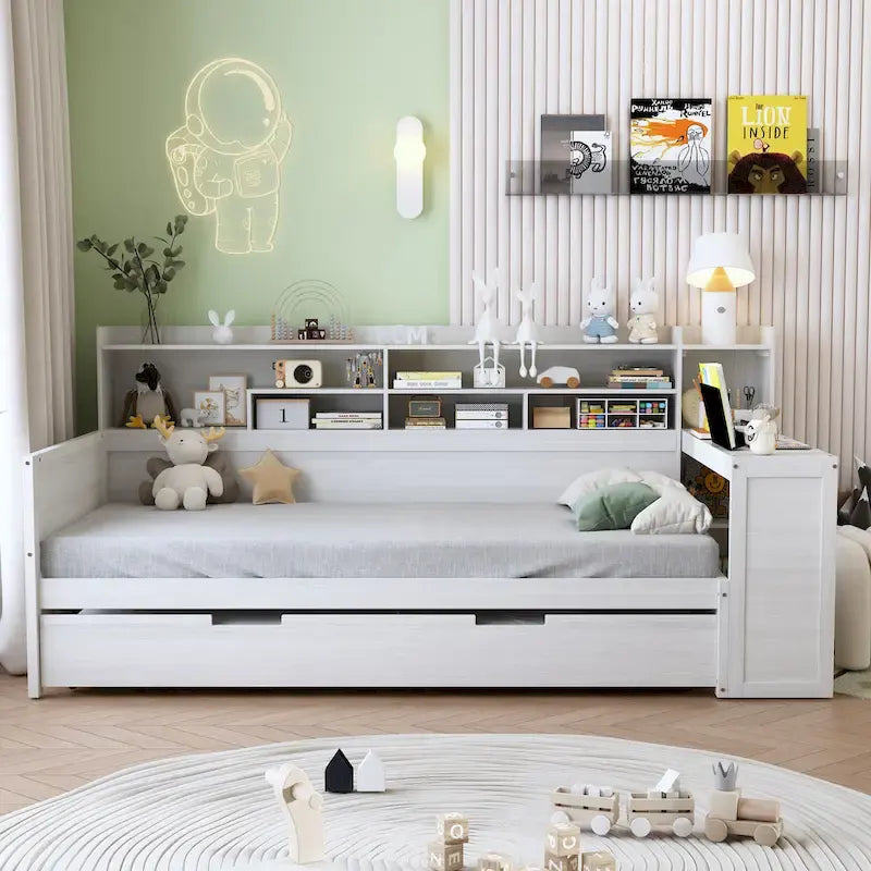 Twin Daybed with Shelves, Trundle & Desk