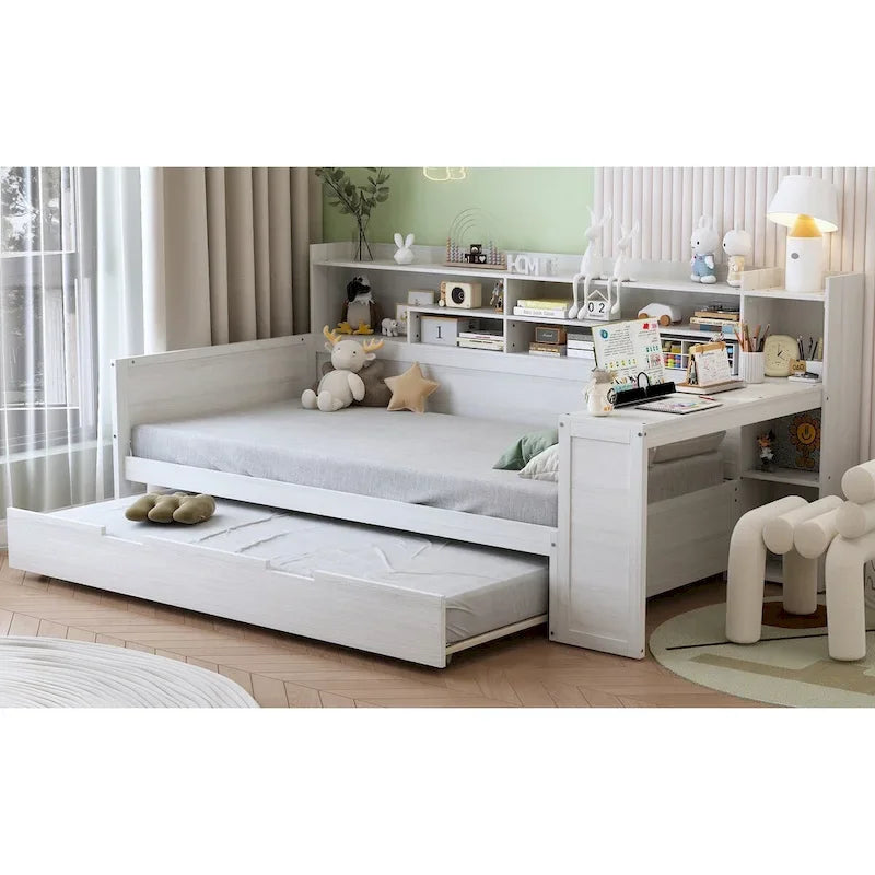 Twin Daybed with Shelves, Trundle & Desk
