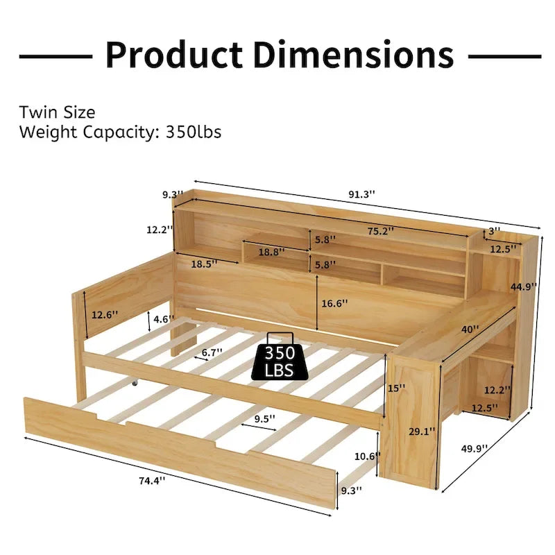 Twin Daybed with Shelves, Trundle & Desk