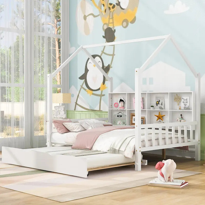 Wood Kids Bed Frame Storage Headboards Bed House Bed with Pull-out Trundle Bed, Wood Slat Support Platform Bed