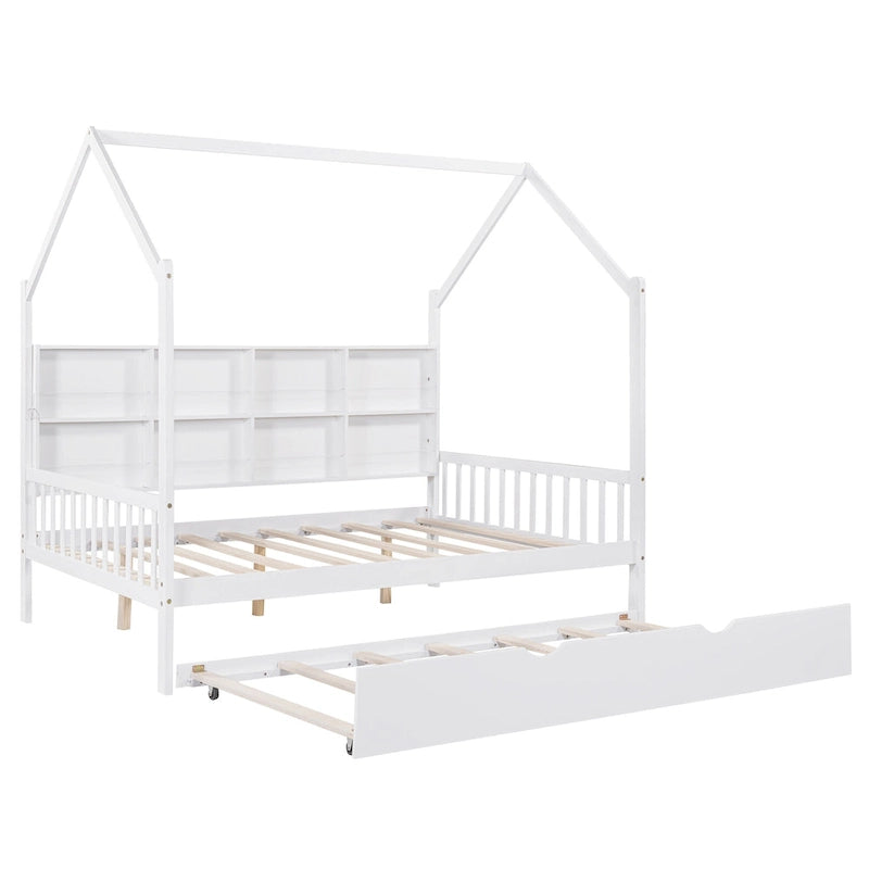 Wood Kids Bed Frame Storage Headboards Bed House Bed with Pull-out Trundle Bed, Wood Slat Support Platform Bed