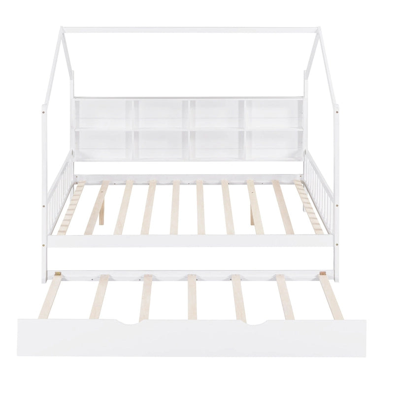 Wood Kids Bed Frame Storage Headboards Bed House Bed with Pull-out Trundle Bed, Wood Slat Support Platform Bed