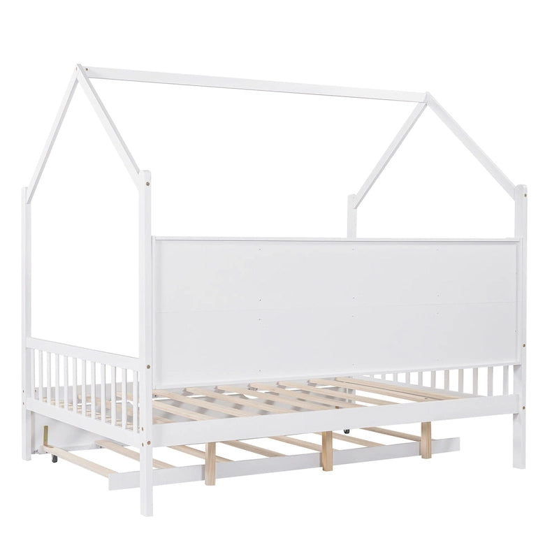 Wood Kids Bed Frame Storage Headboards Bed House Bed with Pull-out Trundle Bed, Wood Slat Support Platform Bed