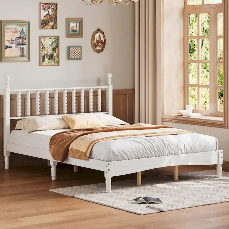 Queen Retro Platform Bed with Gourd-Shaped Headboard & Solid Wood Frame