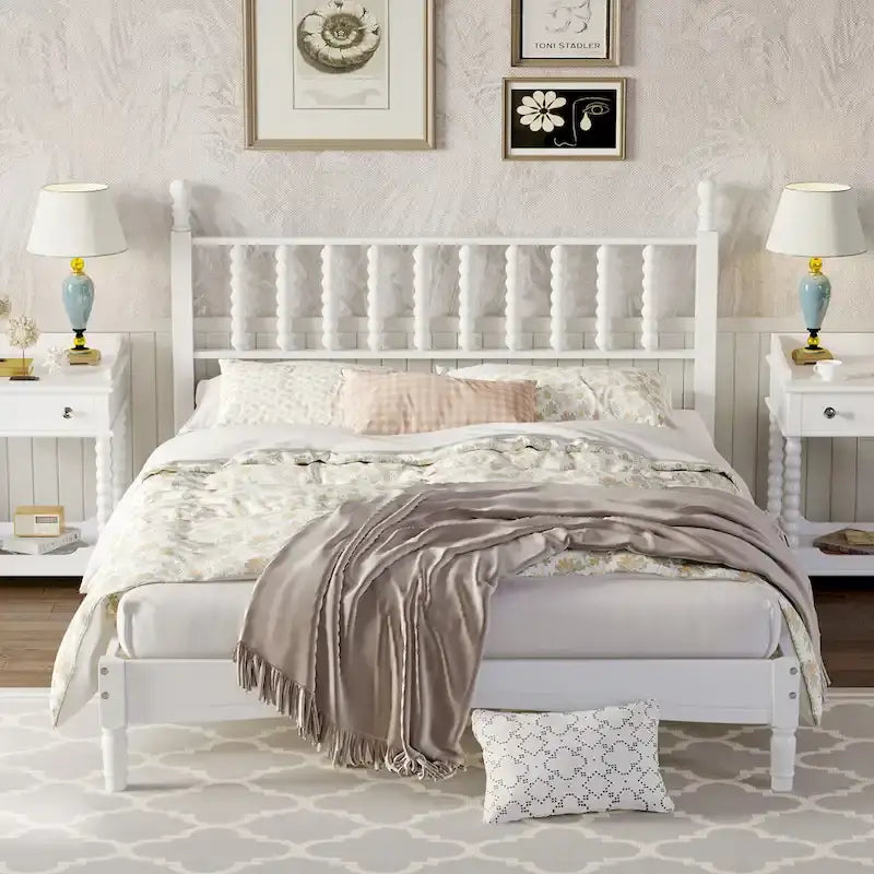 Queen Retro Platform Bed with Gourd-Shaped Headboard & Solid Wood Frame