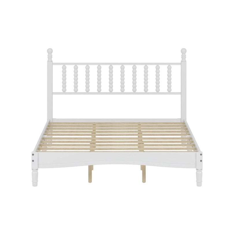 Queen Retro Platform Bed with Gourd-Shaped Headboard & Solid Wood Frame
