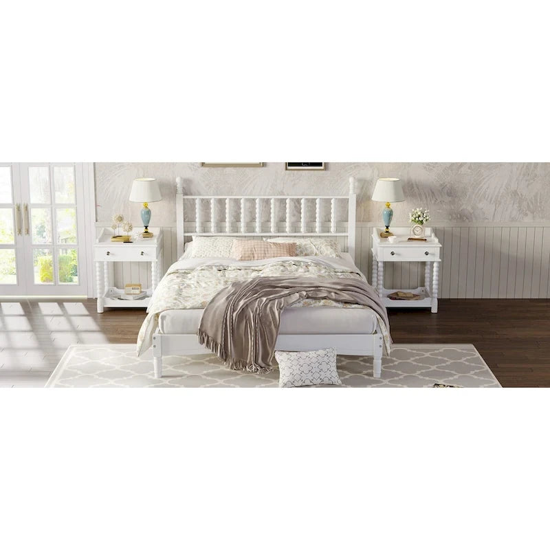 Queen Retro Platform Bed with Gourd-Shaped Headboard & Solid Wood Frame