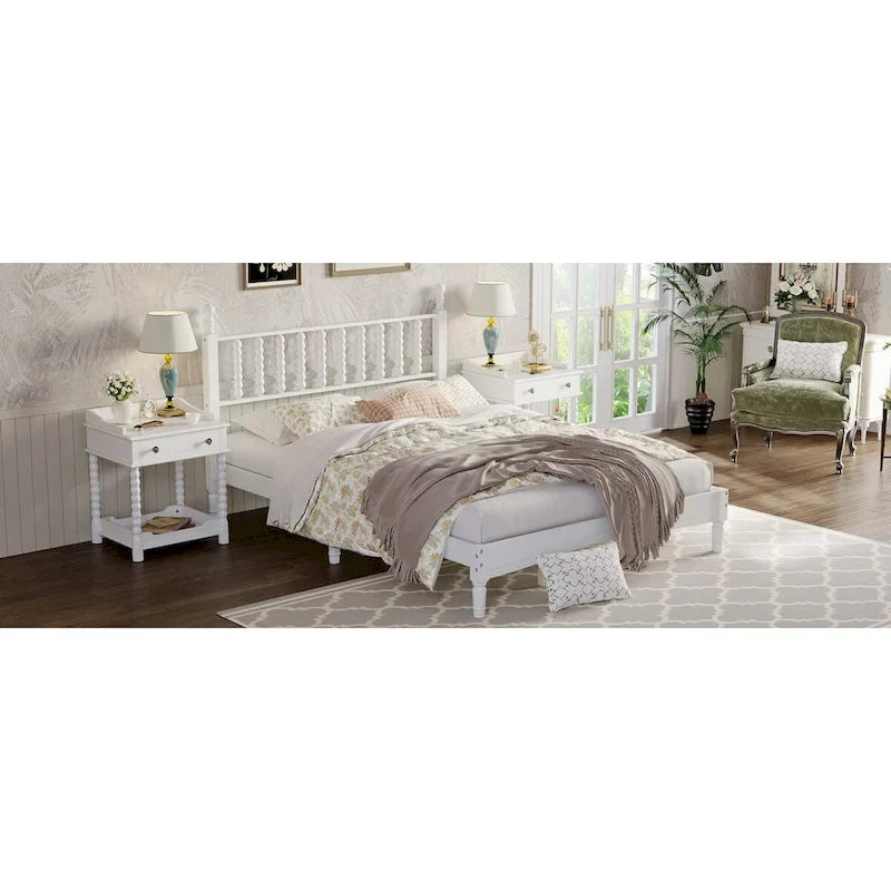 Queen Retro Platform Bed with Gourd-Shaped Headboard & Solid Wood Frame