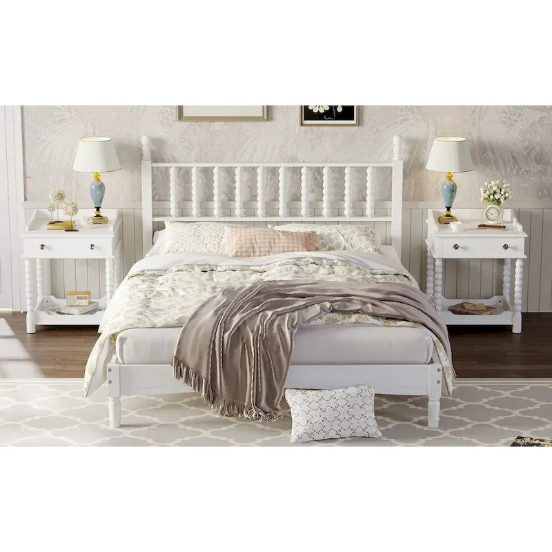 Queen Retro Platform Bed with Gourd-Shaped Headboard & Solid Wood Frame