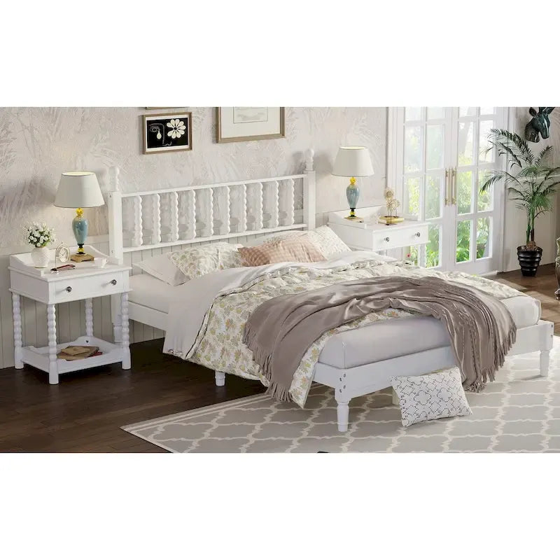 Queen Retro Platform Bed with Gourd-Shaped Headboard & Solid Wood Frame