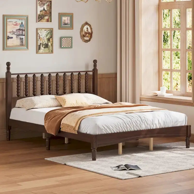 Queen Retro Platform Bed with Gourd-Shaped Headboard & Solid Wood Frame