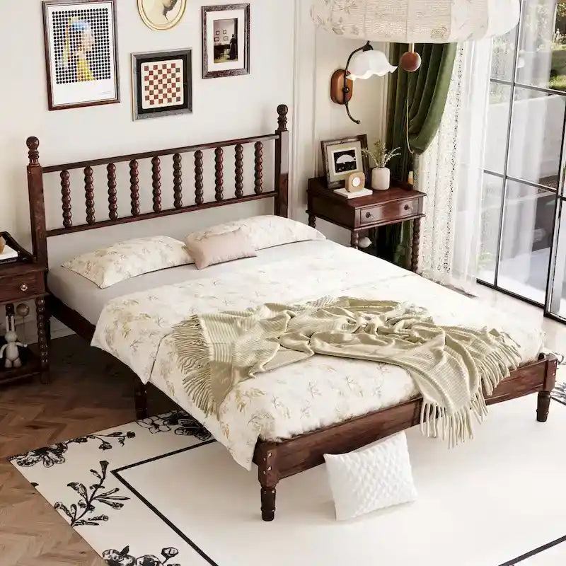 Queen Retro Platform Bed with Gourd-Shaped Headboard & Solid Wood Frame