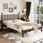 Queen Retro Platform Bed with Gourd-Shaped Headboard & Solid Wood Frame