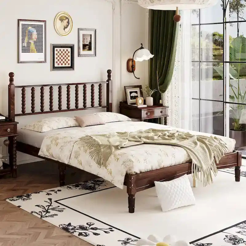 Queen Retro Platform Bed with Gourd-Shaped Headboard & Solid Wood Frame