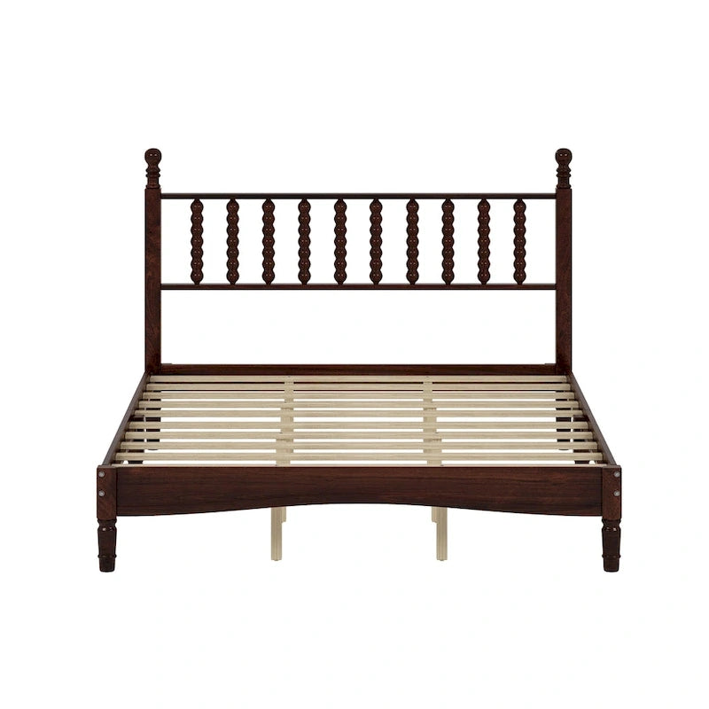 Queen Retro Platform Bed with Gourd-Shaped Headboard & Solid Wood Frame