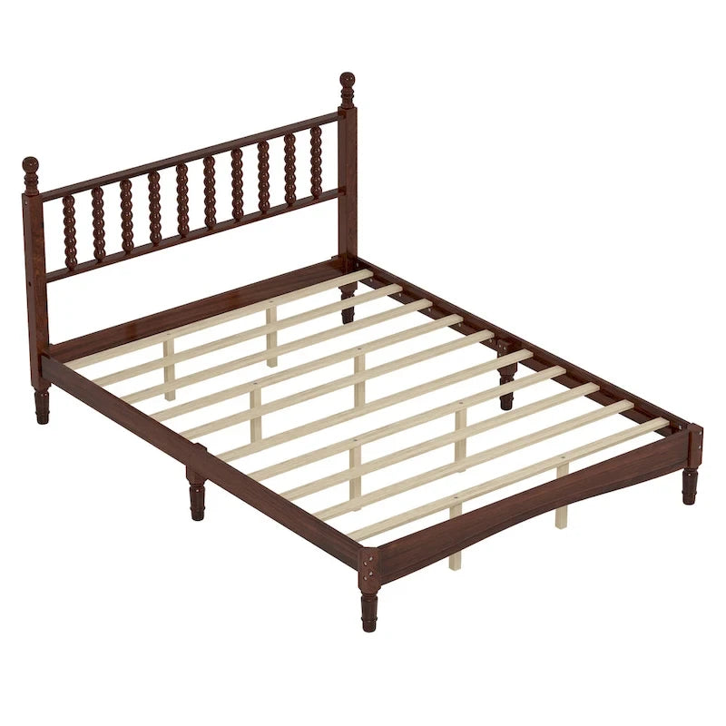 Queen Retro Platform Bed with Gourd-Shaped Headboard & Solid Wood Frame