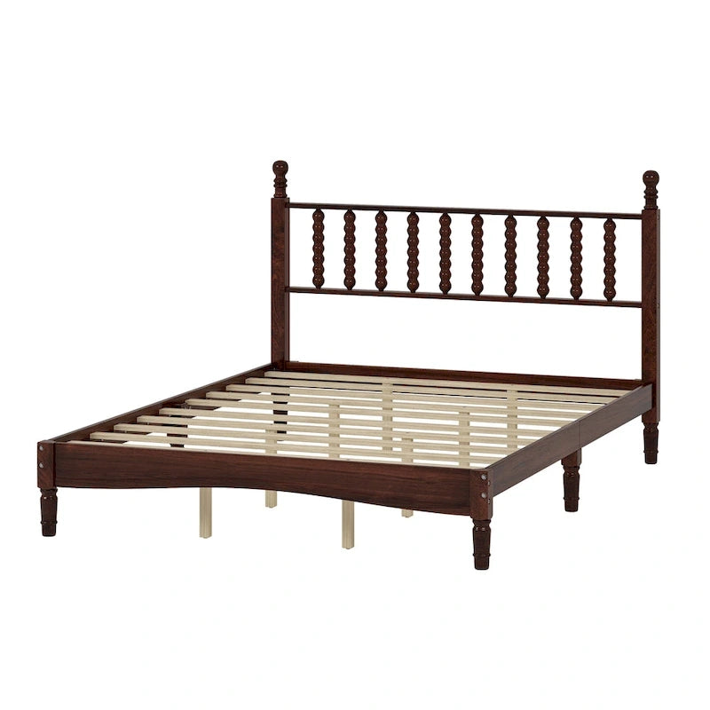 Queen Retro Platform Bed with Gourd-Shaped Headboard & Solid Wood Frame