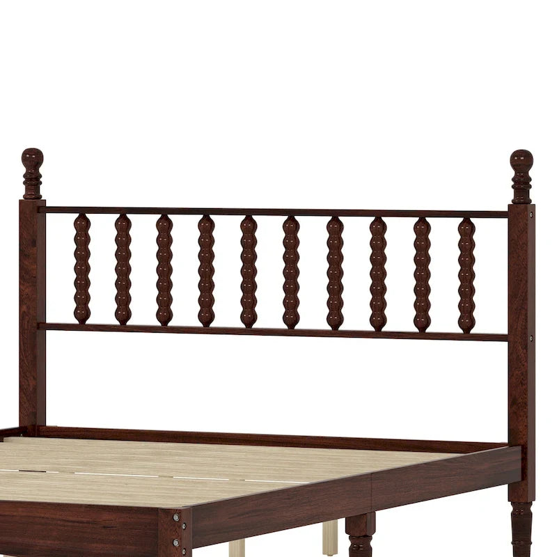 Queen Retro Platform Bed with Gourd-Shaped Headboard & Solid Wood Frame