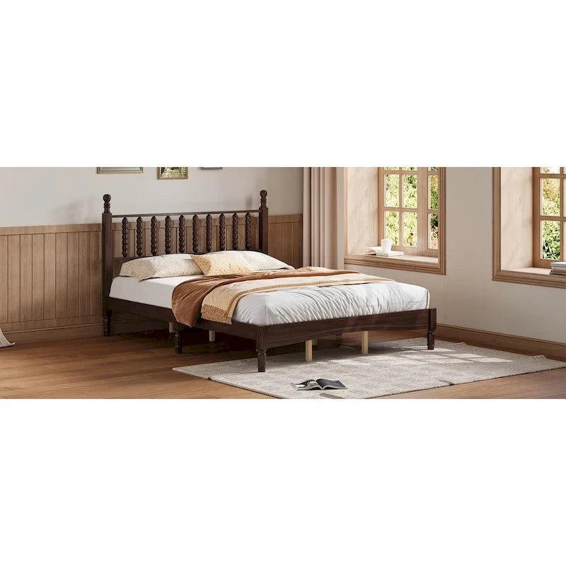 Queen Retro Platform Bed with Gourd-Shaped Headboard & Solid Wood Frame