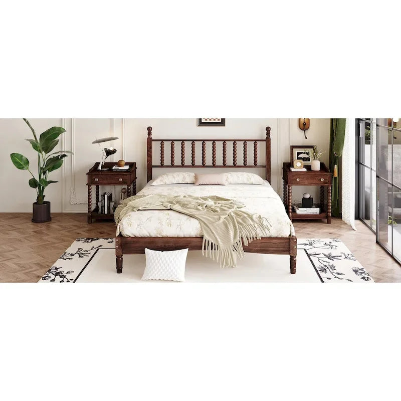 Queen Retro Platform Bed with Gourd-Shaped Headboard & Solid Wood Frame