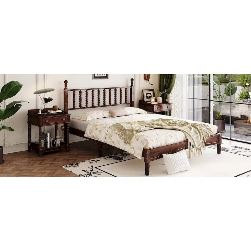 Queen Retro Platform Bed with Gourd-Shaped Headboard & Solid Wood Frame