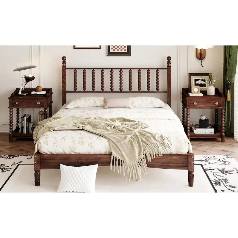 Queen Retro Platform Bed with Gourd-Shaped Headboard & Solid Wood Frame