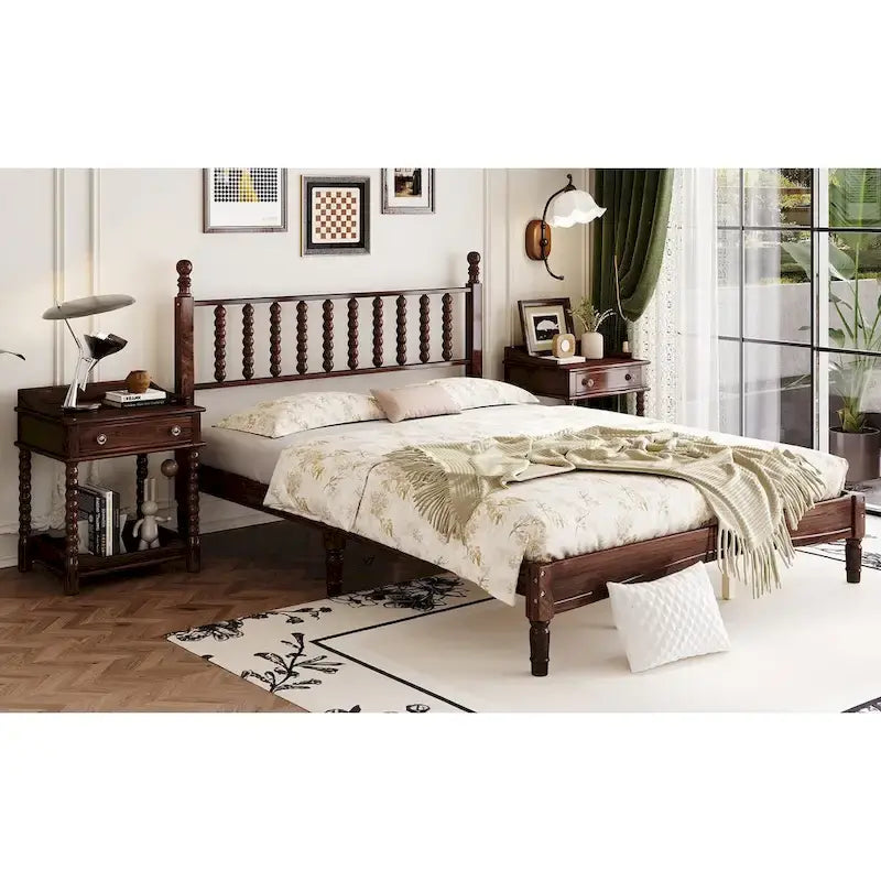 Queen Retro Platform Bed with Gourd-Shaped Headboard & Solid Wood Frame