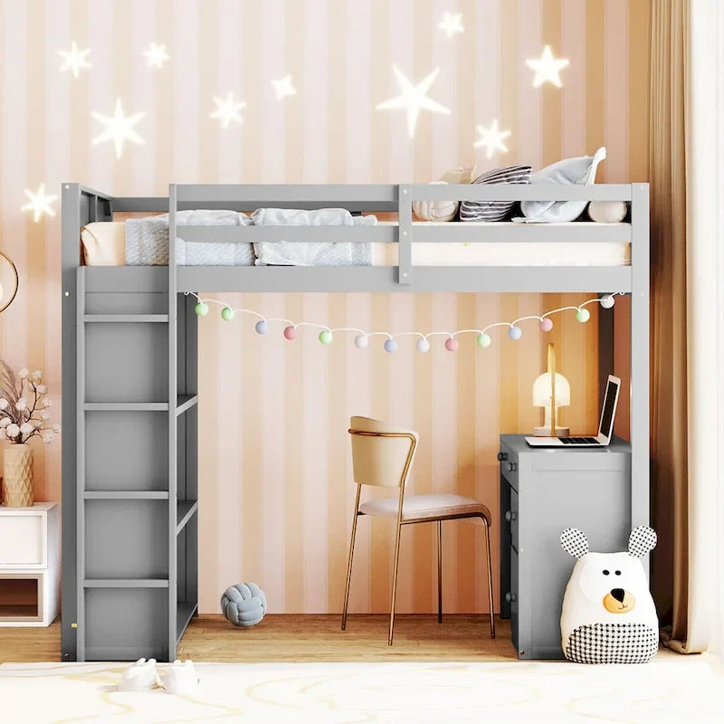 Twin Size Loft Bed with Ladder, Shelves, and Desk