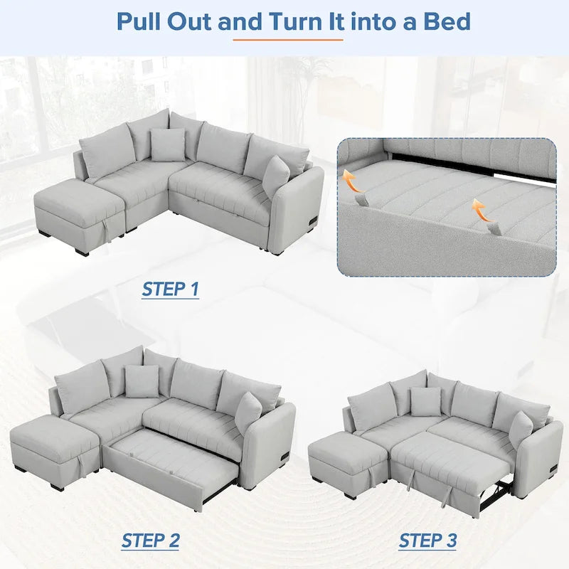 L-shaped Sectional Pull Out Sofa Bed, Recliner Sofa with 2 USB Ports, 2 Power Sockets and Movable Storage Ottoman