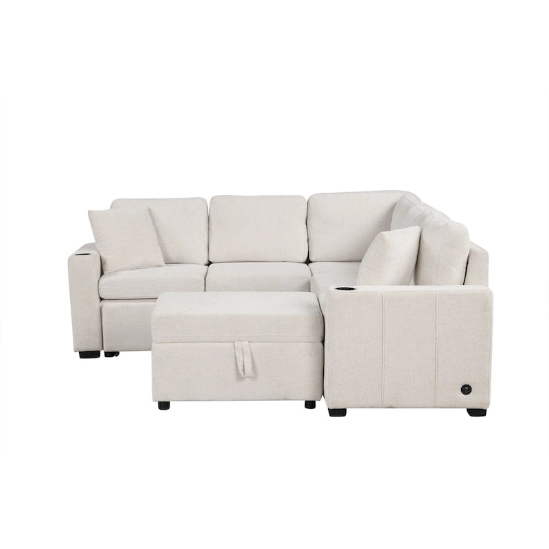 L-shaped Sectional Pull Out Sofa Bed, Recliner Sofa with 2 USB Ports, 2 Power Sockets and Movable Storage Ottoman
